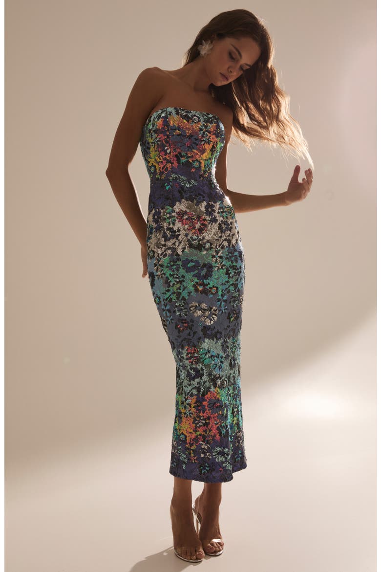 Leslie Sequin Strapless Gown, Alternate, color, BLUE/ SILVER FLORAL