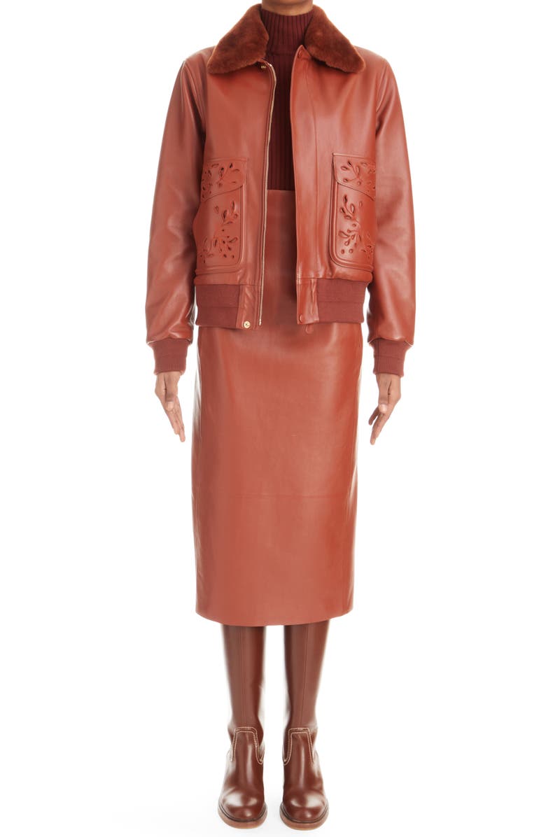 Chloé Broderie Anglaise Leather & Genuine Shearling Bomber Jacket, Alternate, color, 