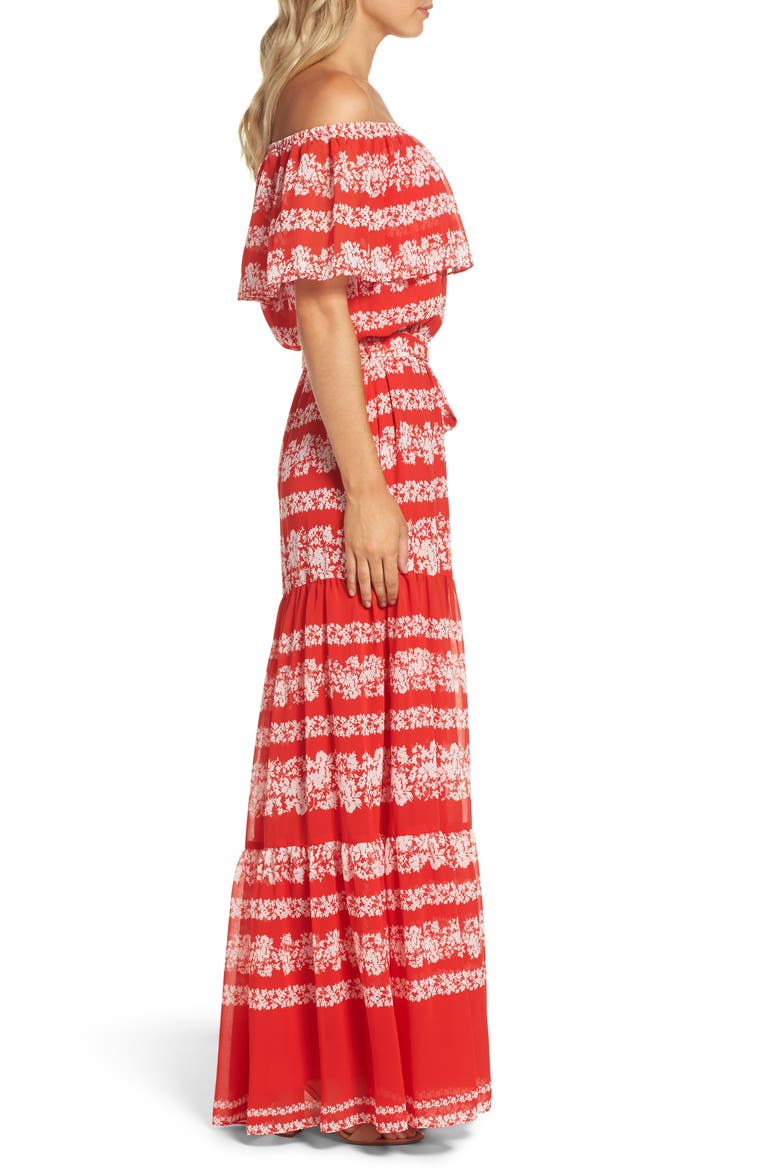 Off the Shoulder Maxi Dress, Alternate, color, RED/ IVORY