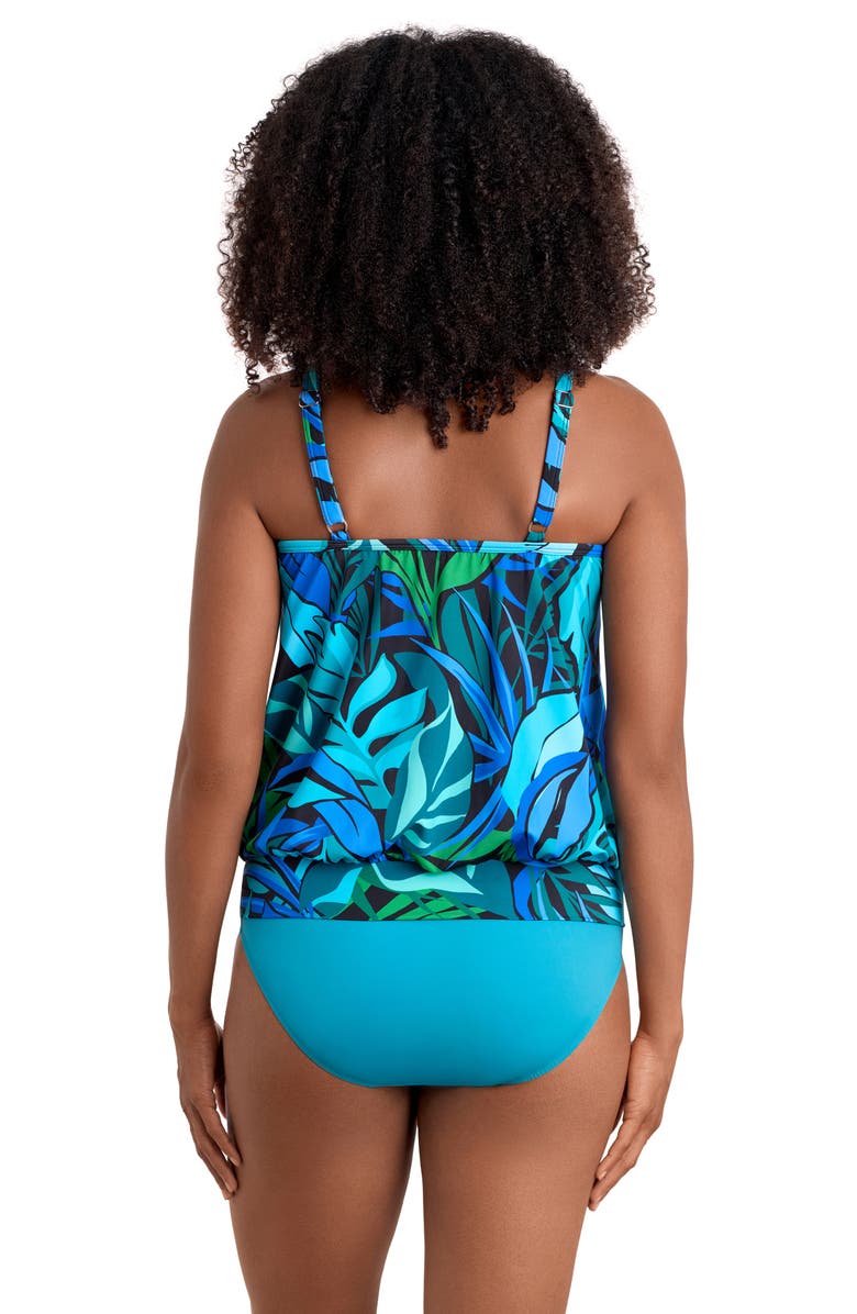 ShapeSolver High Neck Mesh Blouson Plus Size Tankini Swimsuit Top, Alternate, color, Leaf Sensation