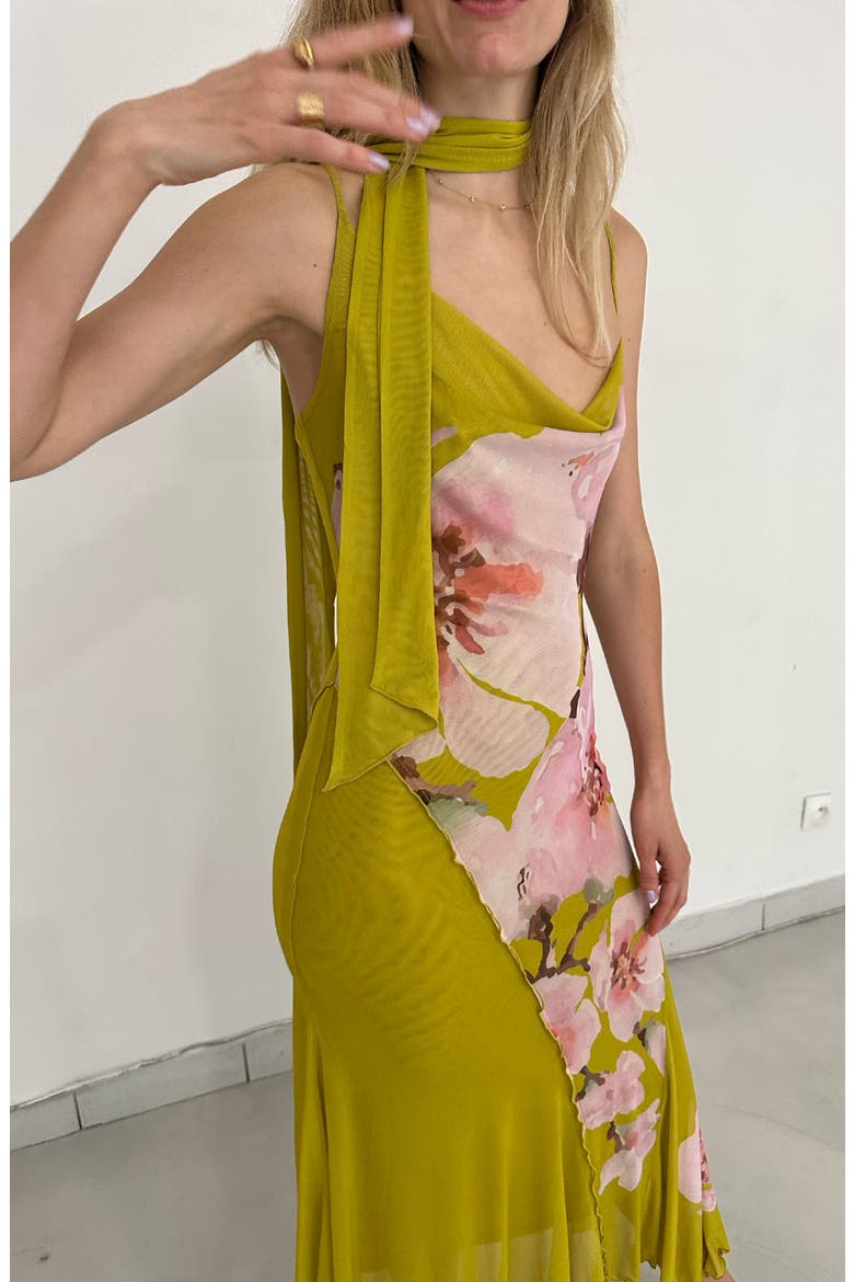 Elaria Floral Printed Mesh Dress, Alternate, color, Chartreuse