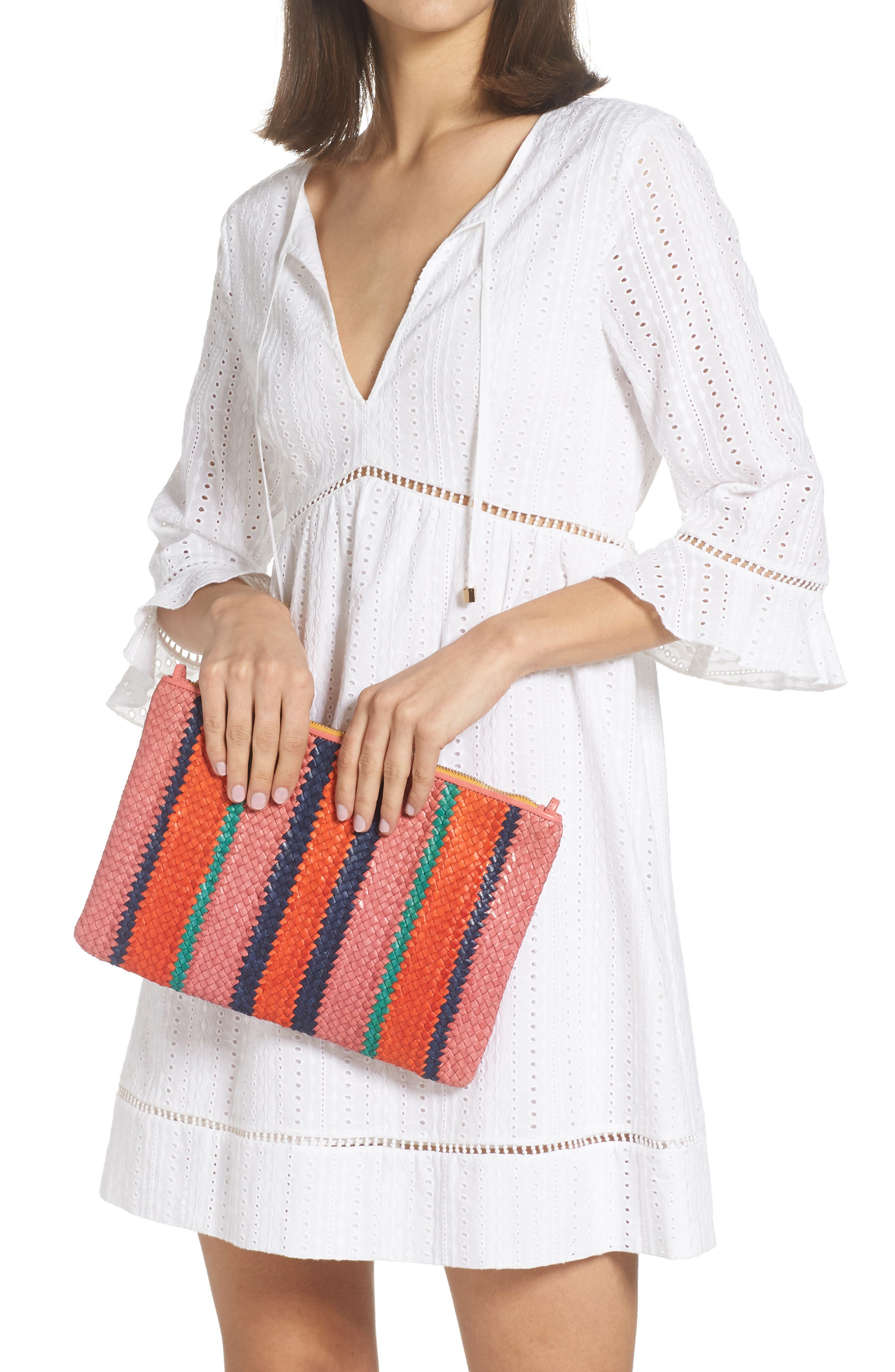 Clare V. Stripe Woven Leather Clutch, Alternate, color, 