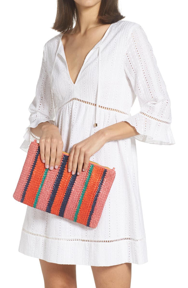 Clare V. Stripe Woven Leather Clutch, Alternate, color,
