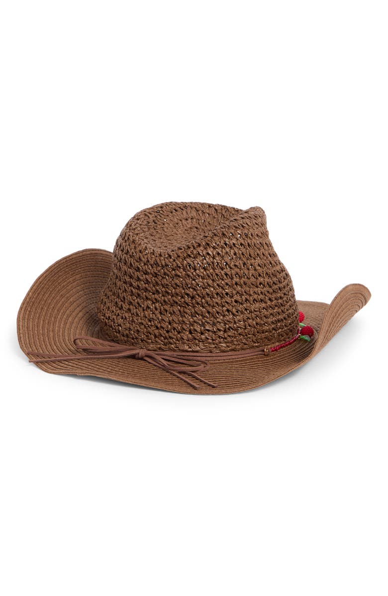 BCBGeneration Crochet Straw Cowboy Hat with Bead Trim, Alternate, color, Brown