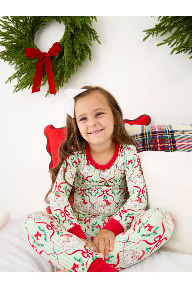 Ruffle Long Sleeve Pajama Set, Signature Rear Ruffles, Alternate, color, Green Stripe Dear Santa