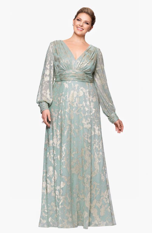 Betsy & Adam Foiled Gown In Sage/gold