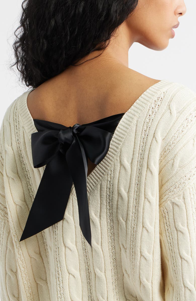BP. Bow Back Cable Knit Sweater, Alternate, color, Ivory- Black Satin Bow
