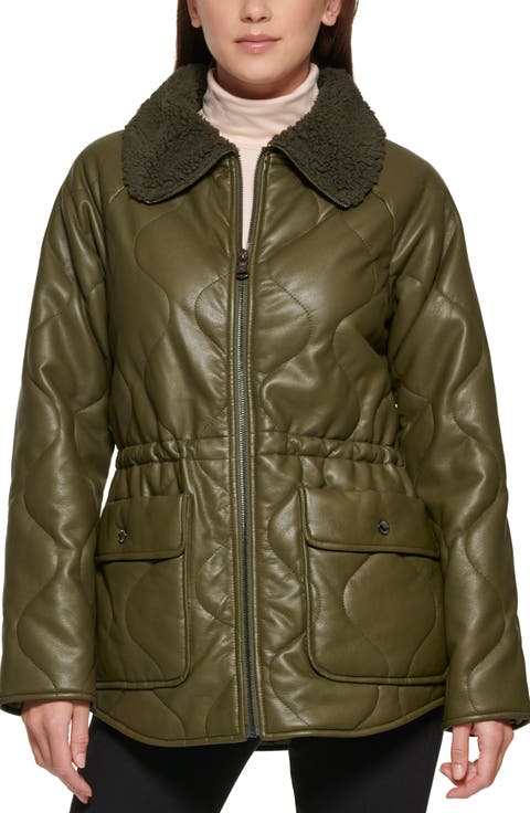 Faux Fur Trimmed Quilted Faux Leather Anorak Jacket