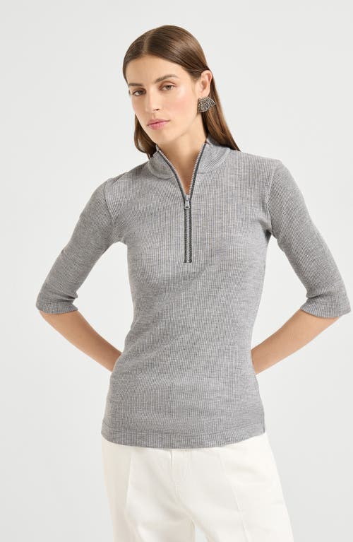 Brunello Cucinelli Ribbed Zip-neck Top In Gray