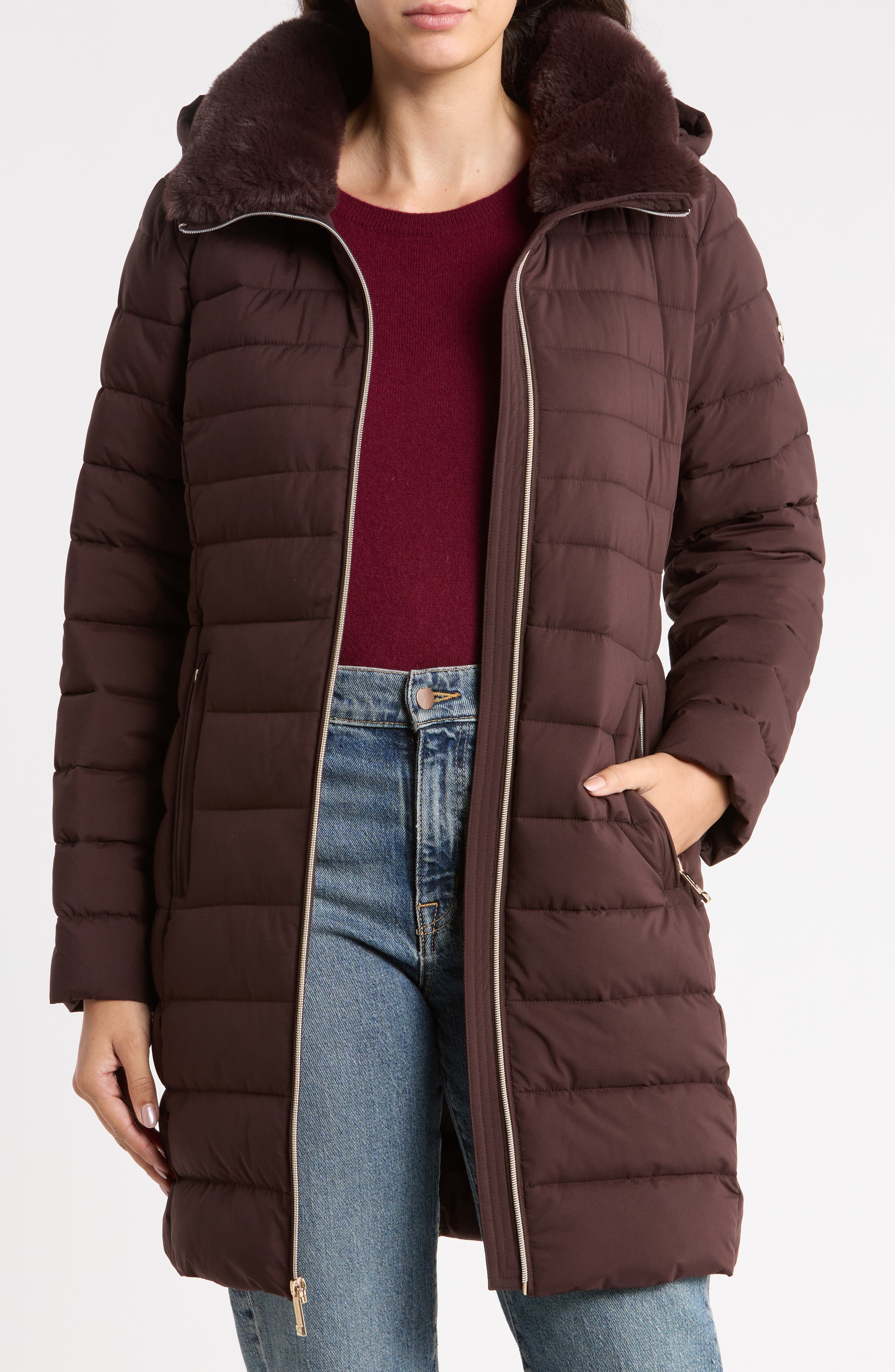Packable Hooded Puffer Coat with Faux Fur Trim