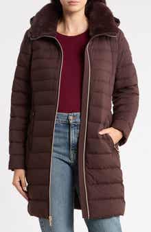 Packable Hooded Puffer Coat with Faux Fur Trim