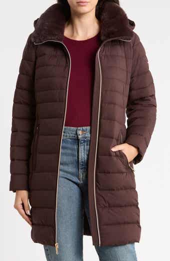 Packable Hooded Puffer Coat with Faux Fur Trim
