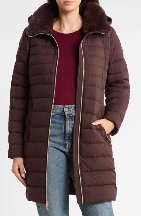 Packable Hooded Puffer Coat with Faux Fur Trim