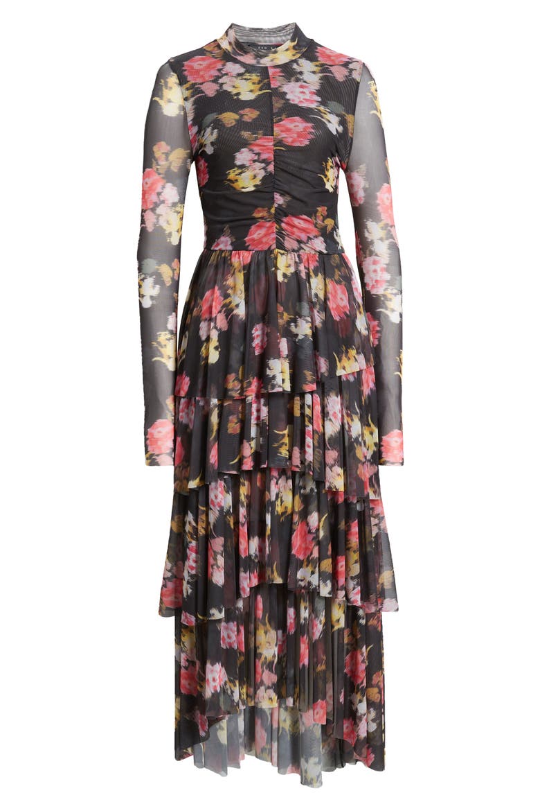 Tiloula Floral Ruched Long Sleeve Tiered Midi Dress, Alternate, color, BLACK