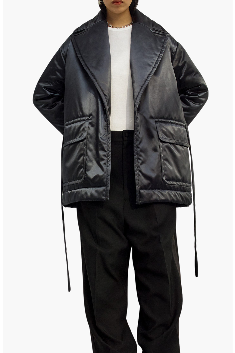 Satin Down Coat, Alternate, color, Black