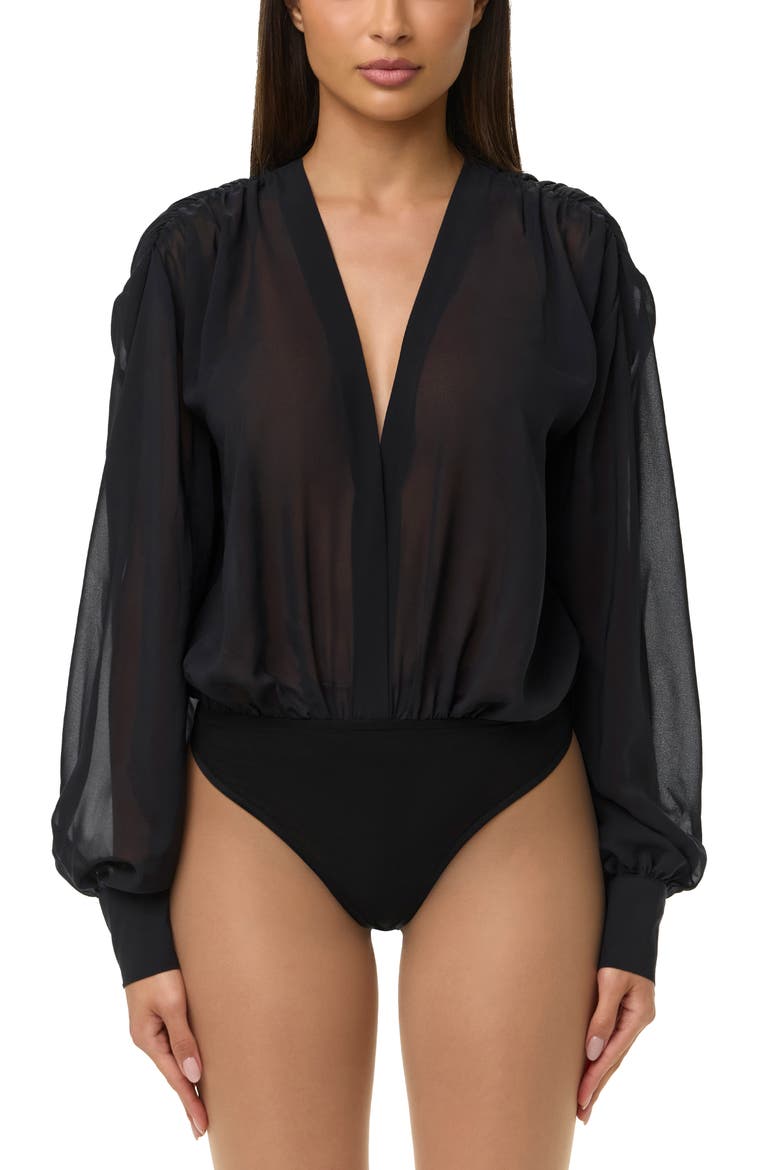 Chiffon V-Neck Blousy Bodysuit, Main, color, BLACK