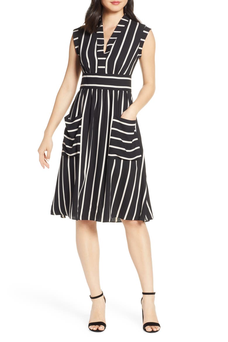 Vice Camuto Stripe Crepe Fit & Flare Dress, Main, color, BLACK MULTI