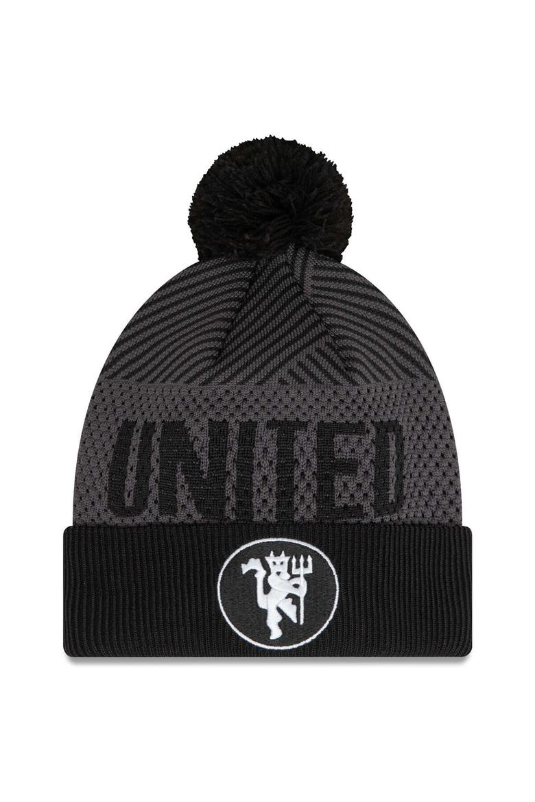 Men's New Era Black Manchester United Engineered Sport Cuffed Knit Hat with Pom, Main, color, Black