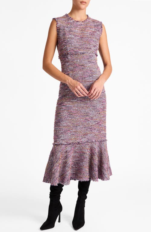 Santorelli Andi Sleeveless Tweed Midi Sheath Dress With Flared Skirt Panel In Purple