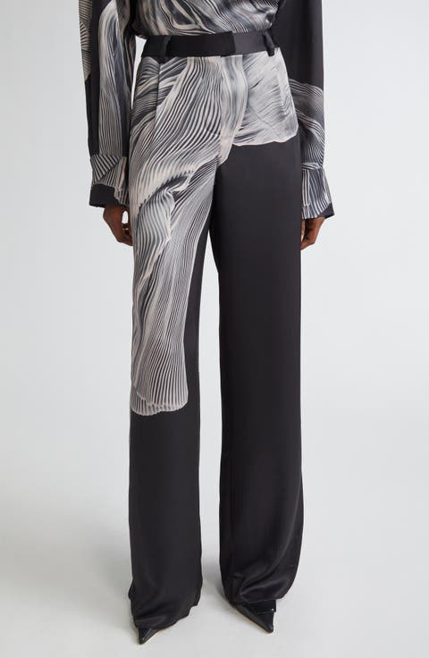 Dancing Pleat Print Satin Straight Leg Pants