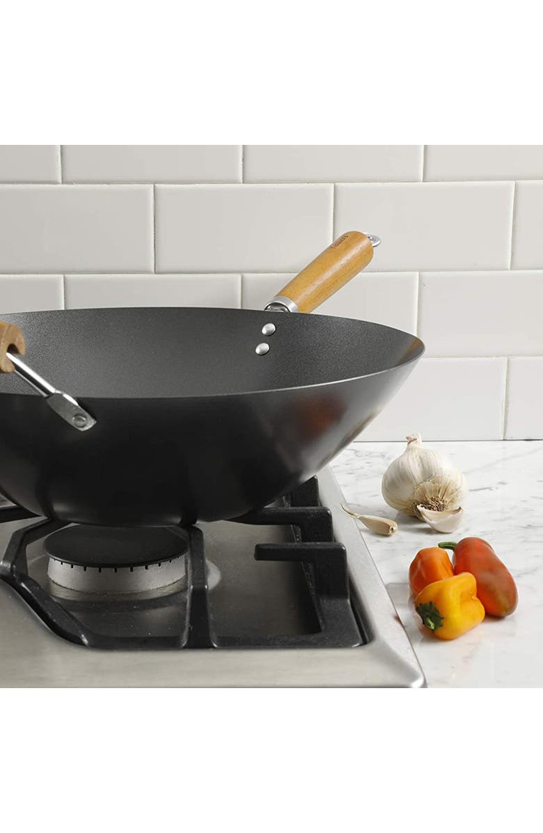 Kenmore Hammond 14 Inch Flat Bottom Carbon Steel Wok with Wooden Handles, Alternate, color, Black