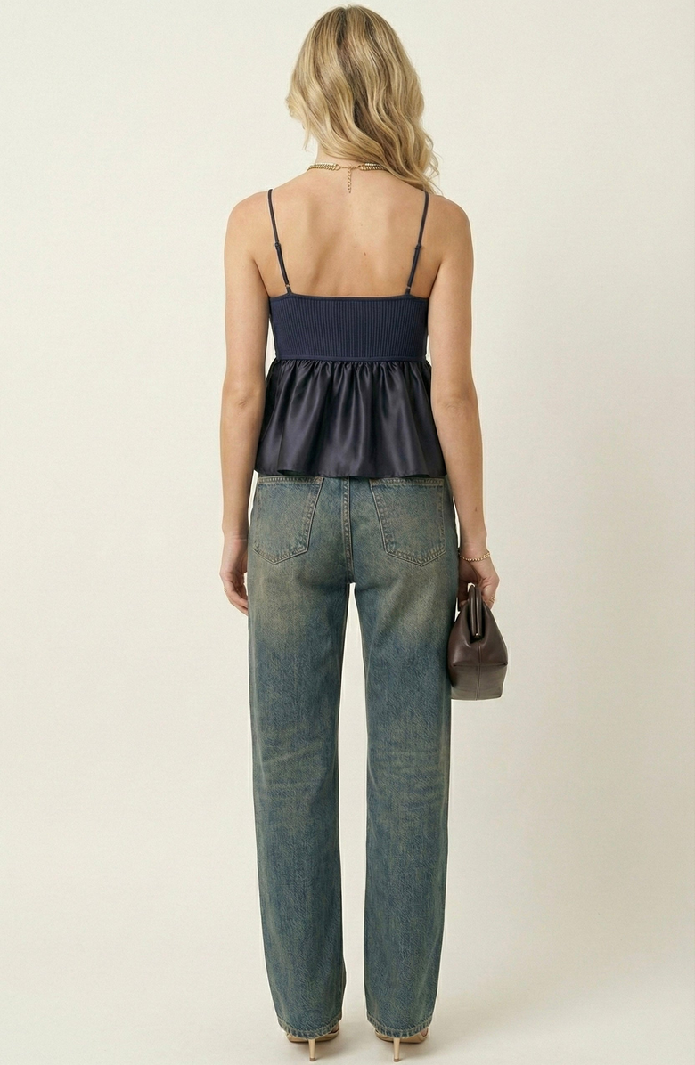 Modenaire Knit Ribbed Bodice Satin Babydoll Cami Top, Alternate, color, Navy Blue