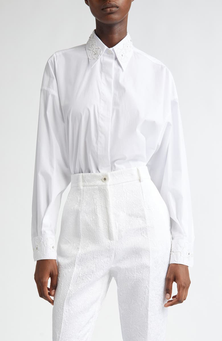 Dolce&Gabbana Embroidered Trim Long Sleeve Cotton Poplin Button-Up Shirt, Main, color, W0800 Bianco Ottico