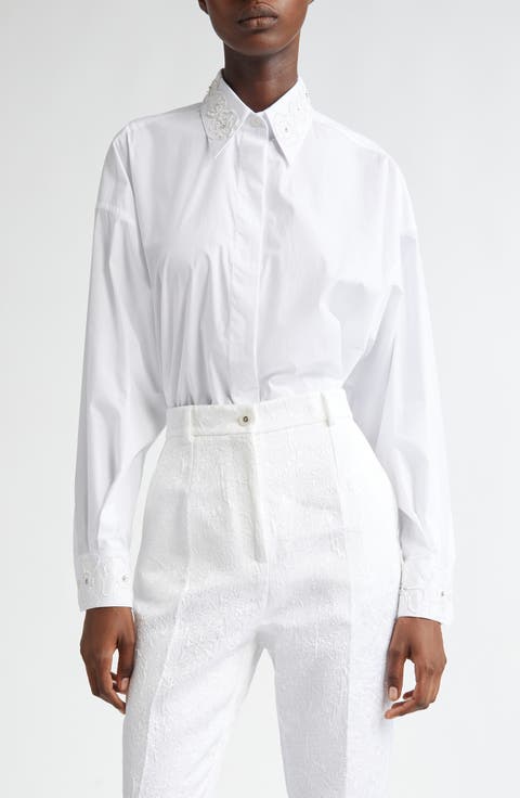 Embroidered Trim Long Sleeve Cotton Poplin Button-Up Shirt