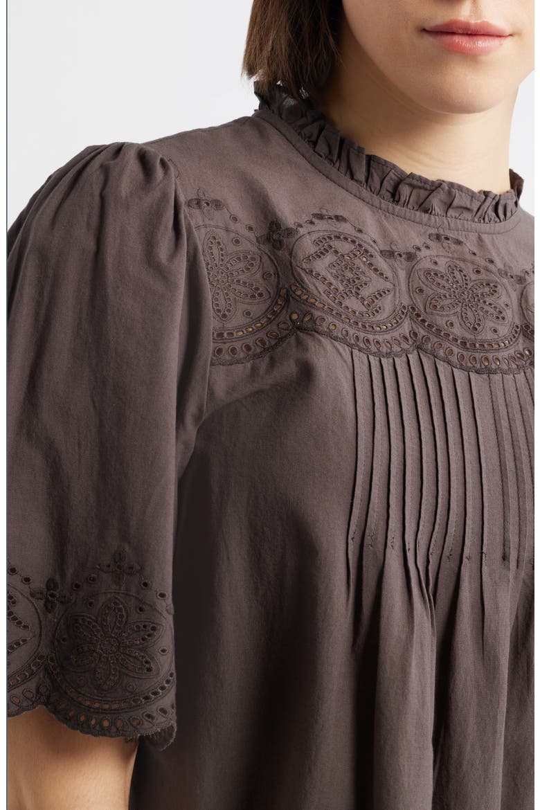 Embroidered Pintuck High Neck Cotton Voile Top, Alternate, color, CHOCOLATE PLUM