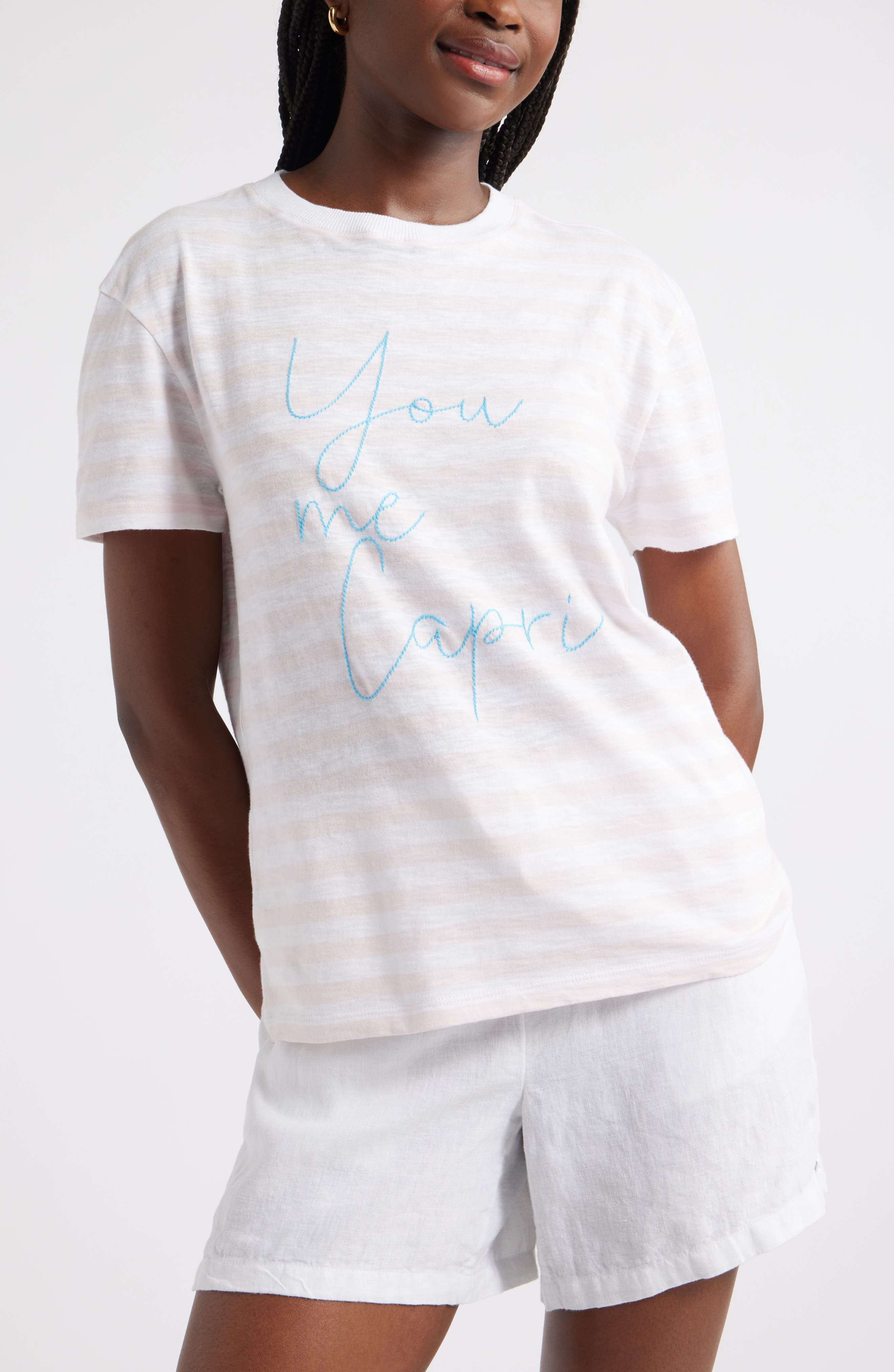 Caslon® Stripe Embroidered Script Cotton Graphic T-Shirt