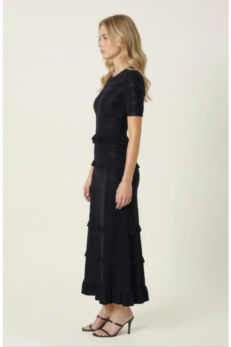 Textured Knit Midi Dress with Ruffle Trim, Alternate, color, Black