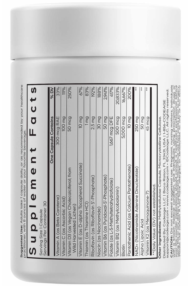 Multivitamin NAD+, D3, K2, Methylated B12, P5P, ALA, Folate Supplement, Alternate, color, White
