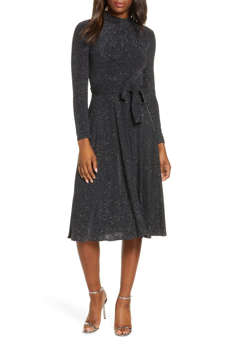 Glitter Long Sleeve Mock Neck Dress, Main, color, BLACK/ SILVER