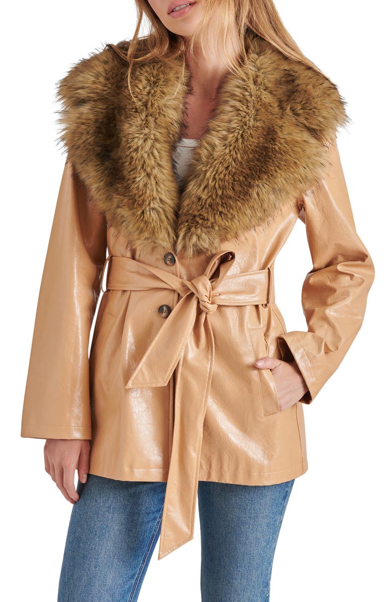 Steve Madden Bowery Faux Fur and Faux Leather Belted Jacket, Main, color, 