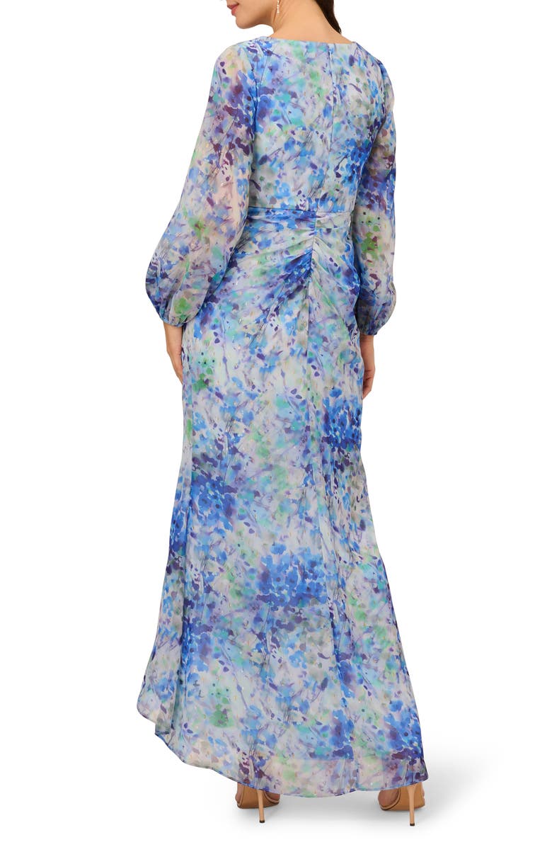 Adrianna Papell Floral Metallic Long Sleeve Chiffon High-Low Dress, Alternate, color,