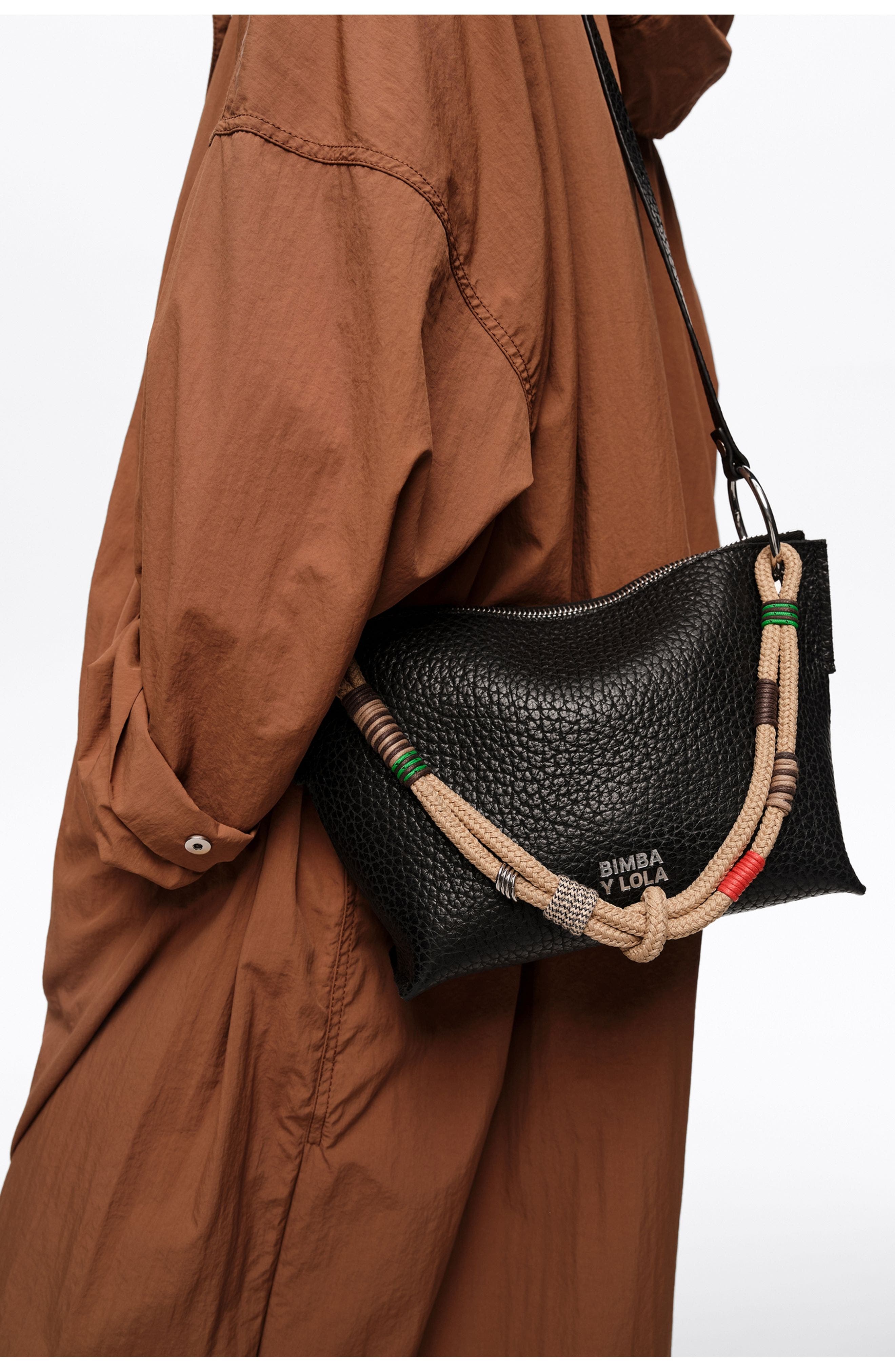 Bimba y Lola Medium Leather Trapezium Bag SS26, Alternate, color, Black