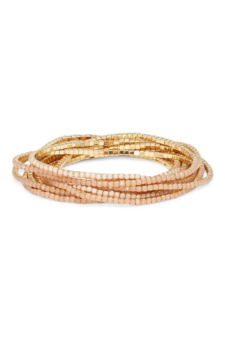 Set of 10 Crystal Stretch Bracelets, Main, color, BLUSH- GOLD