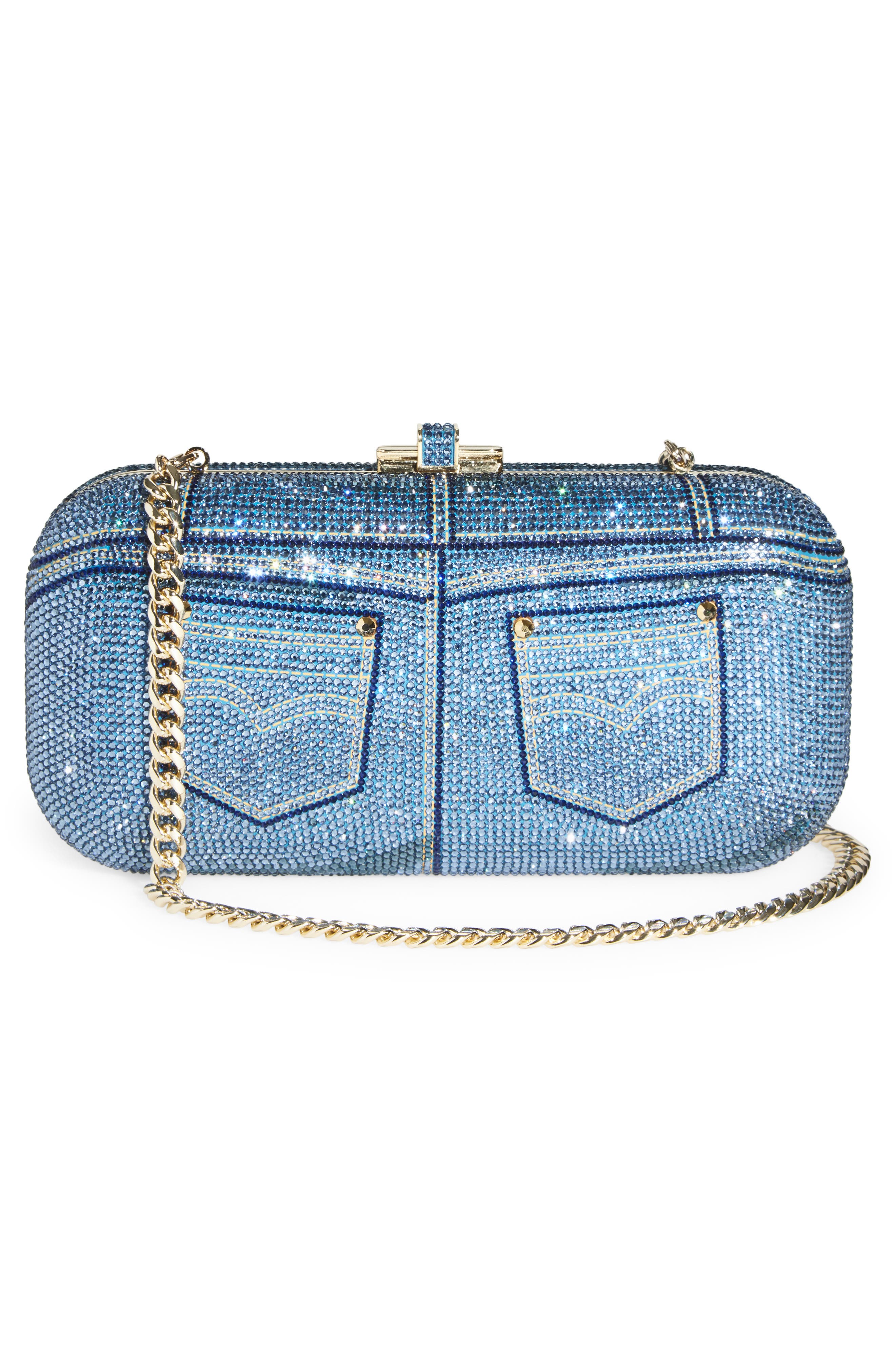JUDITH LEIBER COUTURE Slide Jeans Crystal Embellished Clutch, Alternate, color, Champagne Denim Blue Multi