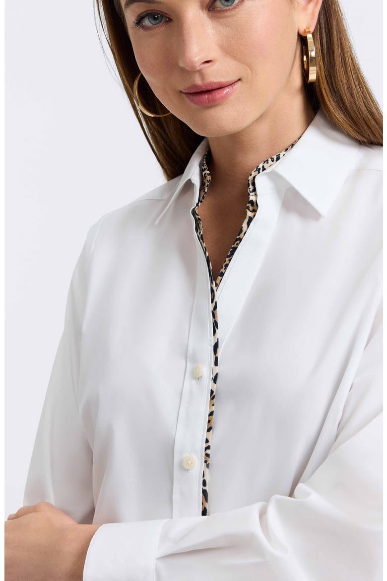 Marlee Leopard Trim Cotton Blend Button-Up Shirt, Alternate, color, WHITE