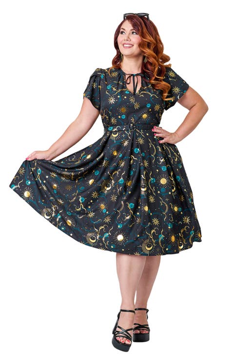 Plus Size Short Petal Sleeve Tie Neck Dahlia Swing Dress