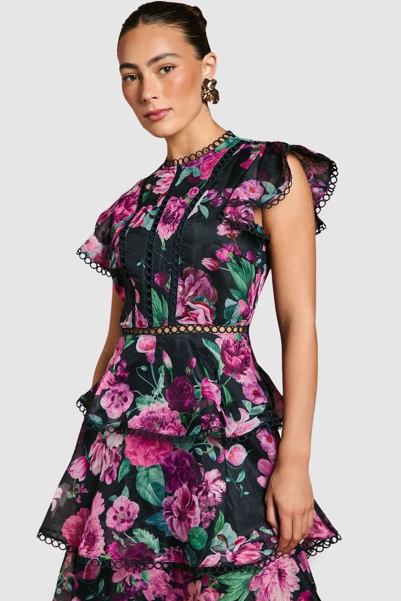 Lace Trim Tiered Organza Midi Dress, Alternate, color, Navy