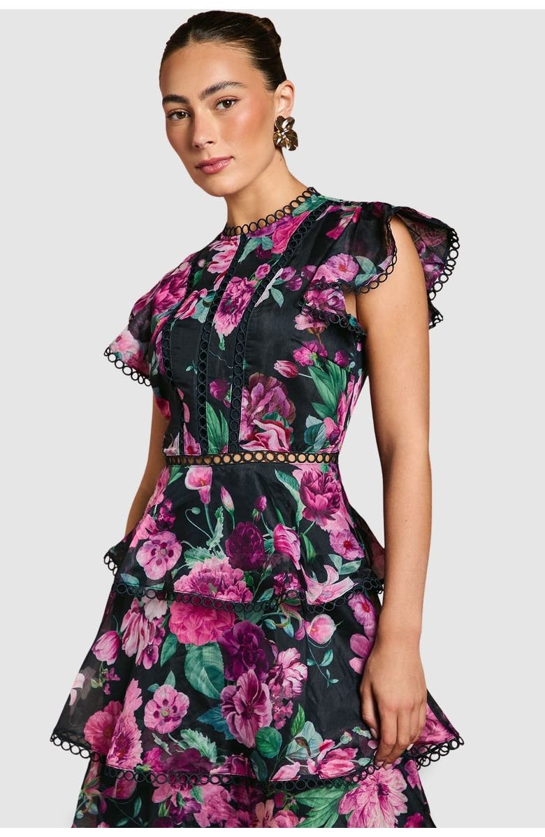 Coast Lace Trim Tiered Organza Midi Dress, Alternate, color, Navy