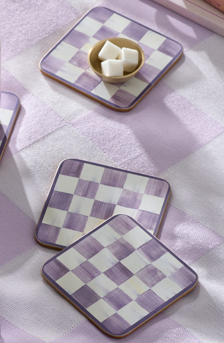 MACKENZIE CHILDS Set of 4 Violet Check Cork Back Coasters, Alternate, color, Violet