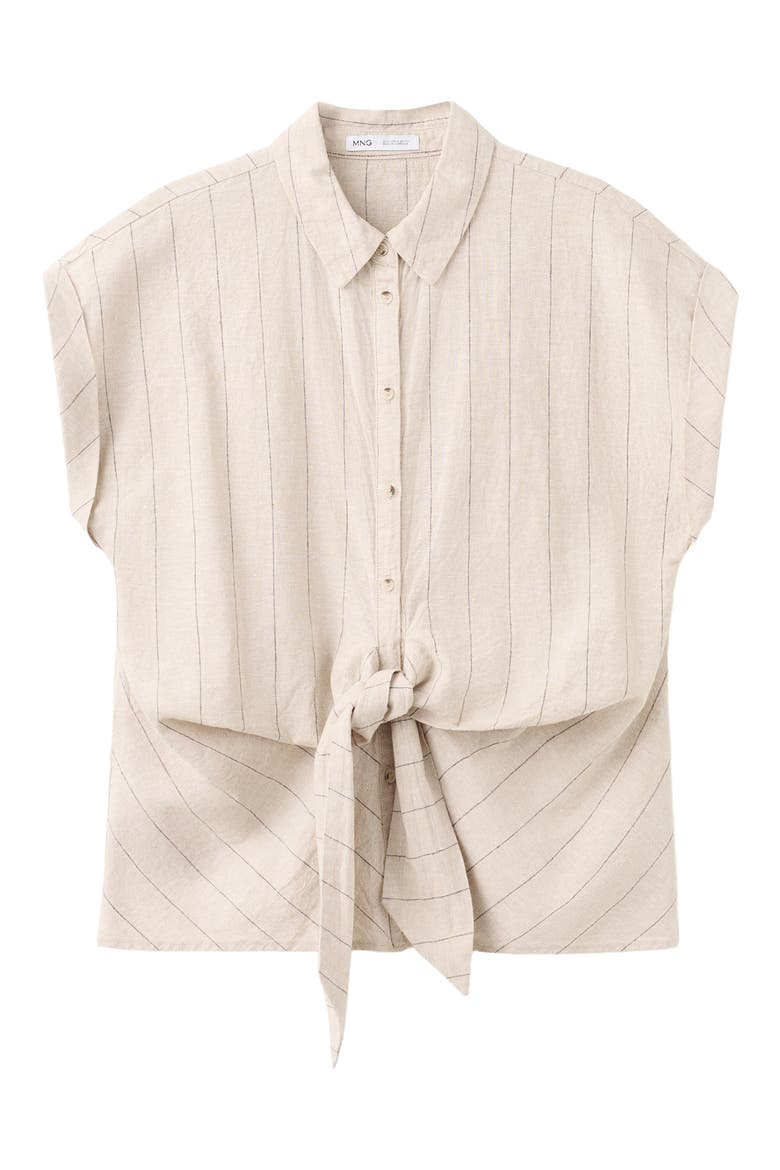 Pinstripe Tie Waist Linen & Cotton Shirt, Alternate, color, BROWN