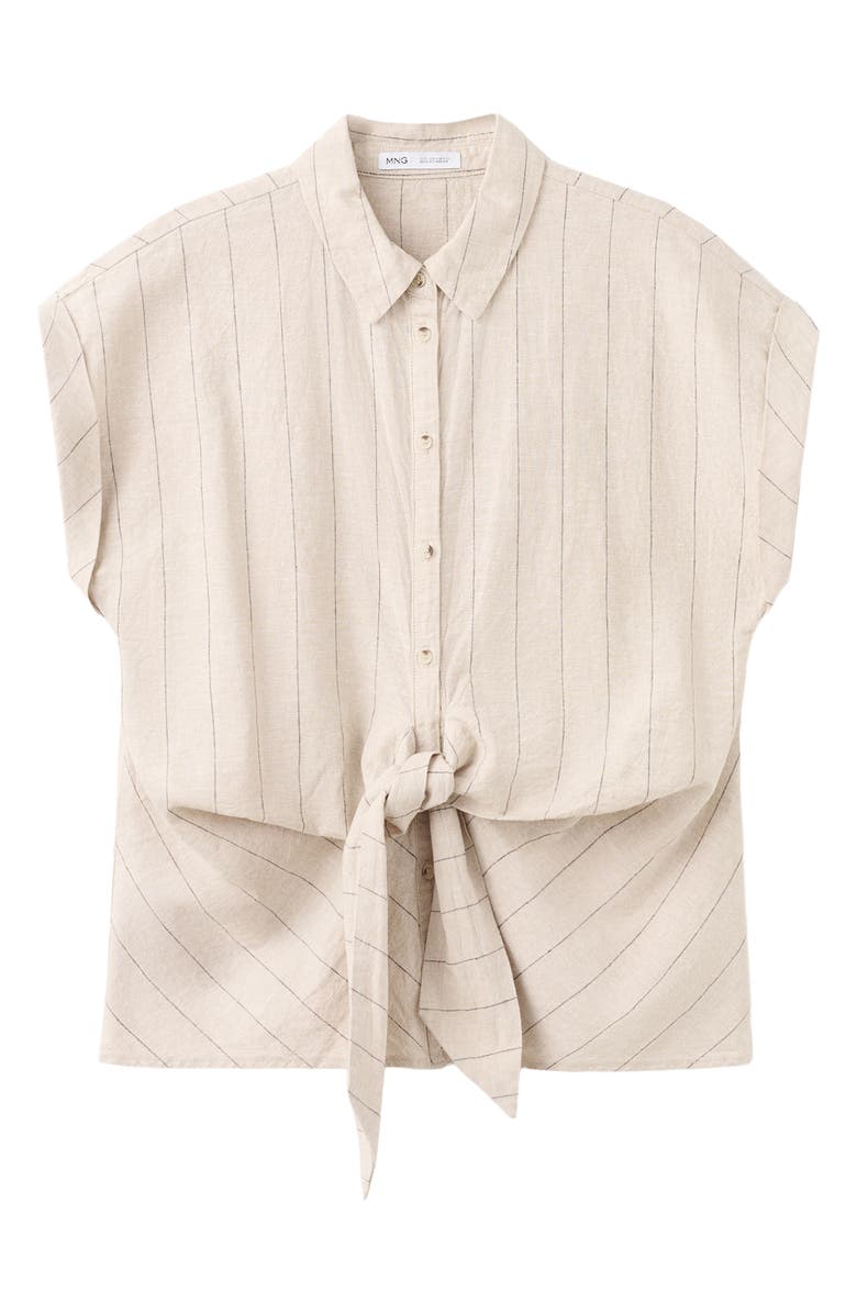 MANGO Pinstripe Tie Waist Linen & Cotton Shirt, Alternate, color,