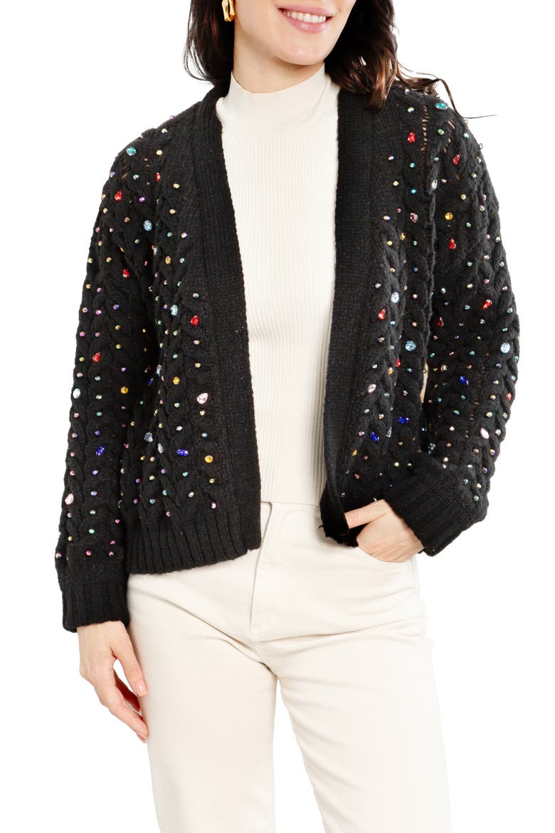 Rhinestone Cable Knit Cardigan, Main, color, BLACK
