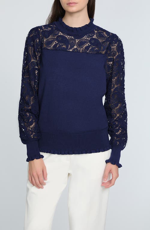 Shop Elie Tahari The Felicity Floral Lace Detail Sweater In Daphne Blue