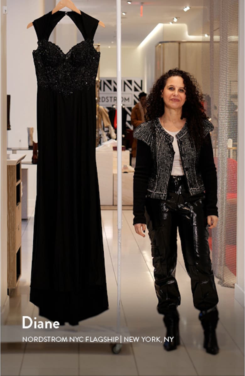 Beaded Bodice Open Back Sheath Gown, sales video thumbnail