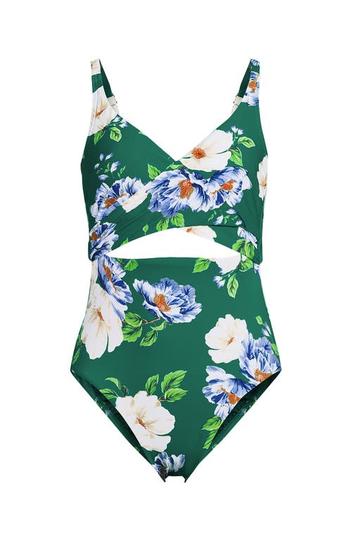 Lands' End Wrap Monokini High Leg One Piece Swimsuit In Island Emerald Petunia Floral