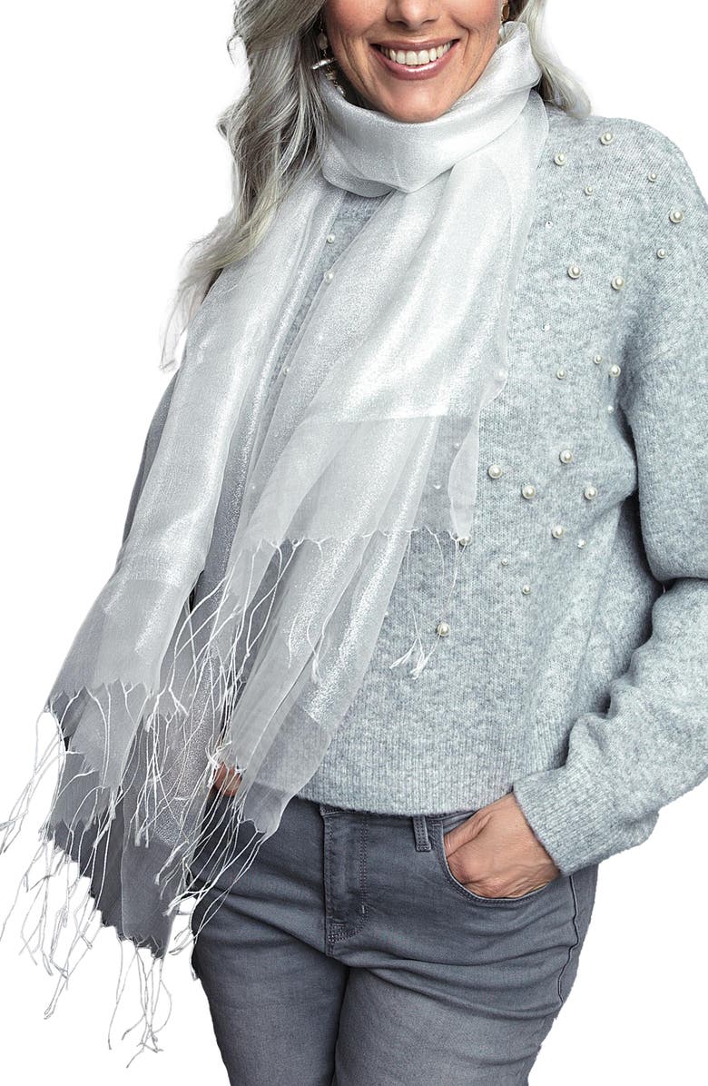 SAACHI Fringe Silk Scarf, Main, color, White